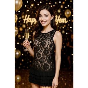 Kensie Black Nude Allover Lace Ruffled Hem Dress Sz 4 Whimsy Goth Fairy Sexy